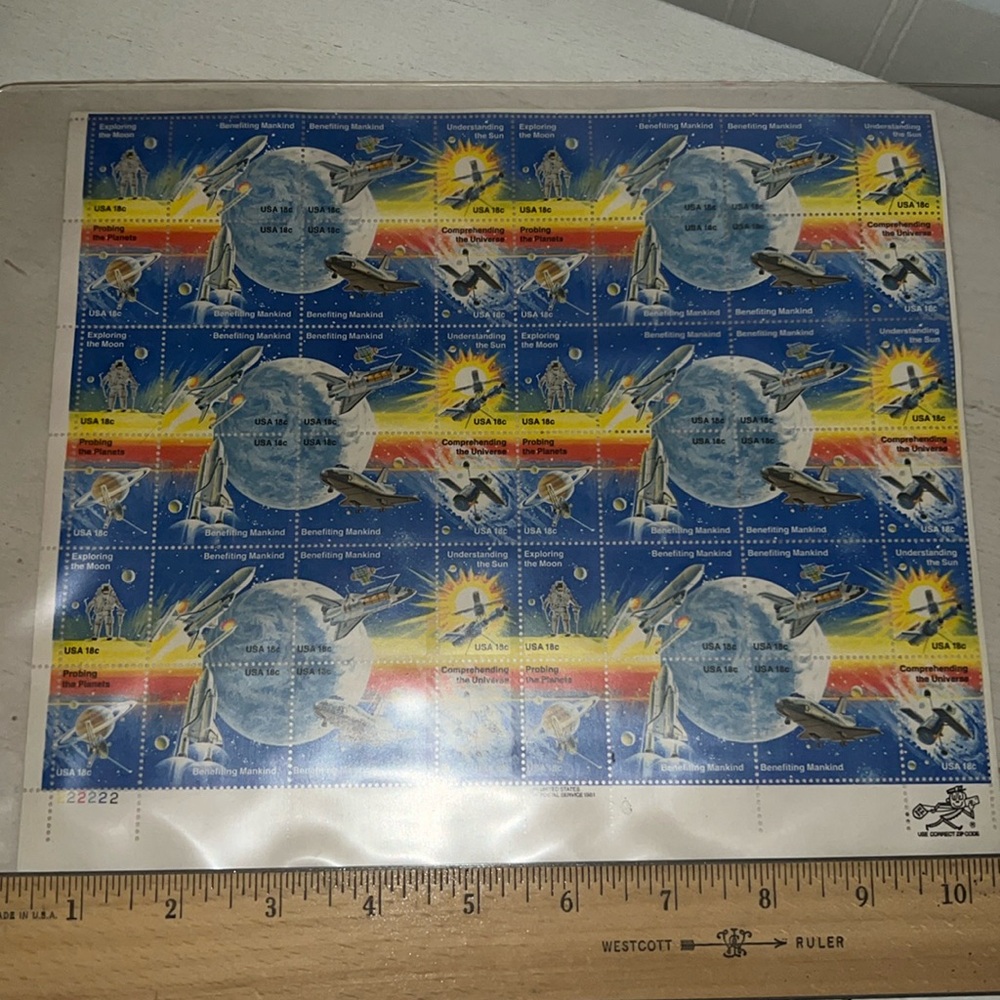 1981 U.S. Postal Stamps Space moon benefiting mankind full sheet